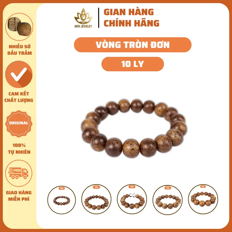 Vòng Tay Trầm Hương Hạt Tròn Đơn MTH JEWELRY - Vòng Trầm Tốc Việt Đeo Tay Nam Nữ, Phụ Kiện Voi Túi Gấm, Lá Bồ Đề, Nụ Trầm, Dây Xâu 1