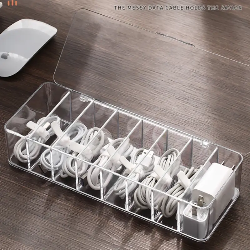 8 Grids Clear Plastic Cable Storage Box Data Cable Storage Container Save Space Cable Management Box for Storing Earrings Rings and Data Cables 7