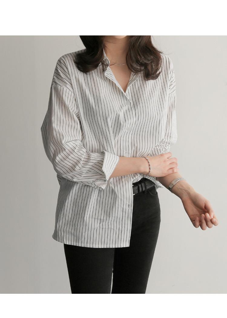 Product Introduction of 2023 Spring/Summer New Mid length Versatile Loose Blue Vertical Stripe BF Large Long Sleeve Shirt Women's Summer Han Style Top Blouse 11