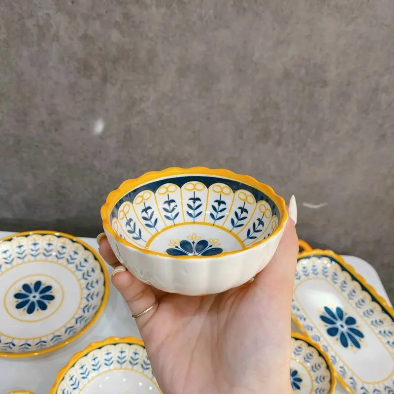 Tách Lẻ Bộ Bát Đĩa Thổ Cẩm  Hoa Vàng Nhật Bản Men Sáng Mịn 2