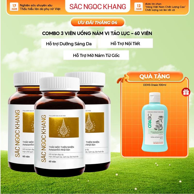 [Tặng Dung Dịch Vệ Sinh 100ml] Combo 3 Viên Uống Đẹp Da Sắc Ngọc Khang Vi Tảo Lục (Hộp 60v) - Hỗ Trợ Dưỡng Da Cải Thiện Nám, Sạm, Tàn Nhang