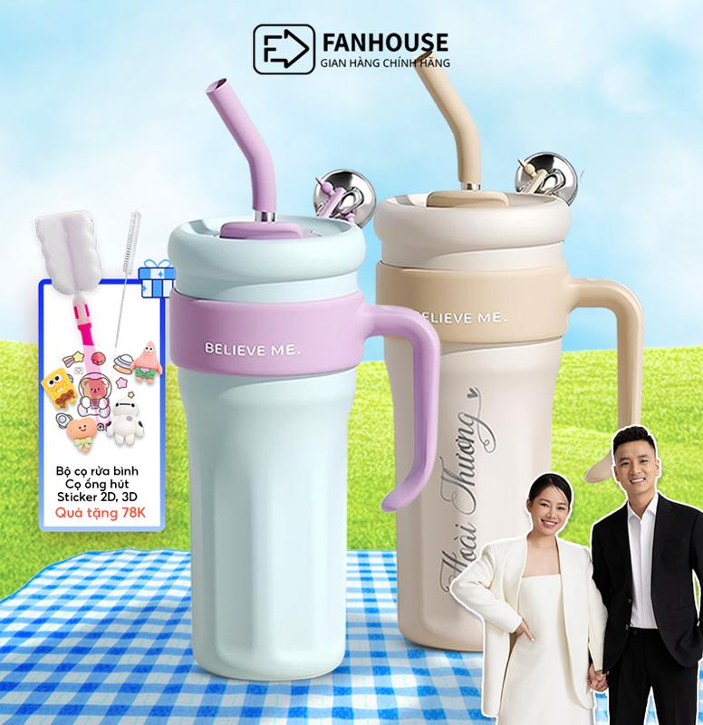 [ Quyenleodaily] Ly giữ Nhiệt Believe, cốc giữ nhiệt cao cấp 1250ml inox 316, bình nước Fan House khắc tên tặng combo sticker, ống hút, sticker 3d