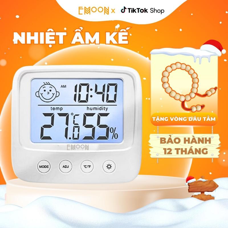 Nhiệt Ẩm Kế Đo Nhiệt Độ Phòng Điện Tử EMOON Cho Bé, 4 Trong 1: Đo Nhiệt Độ, Độ Ẩm, Báo Thời Gian, Cảnh Báo Cảm Xúc Có Đèn Led Sáng, Tặng Kèm Pin.