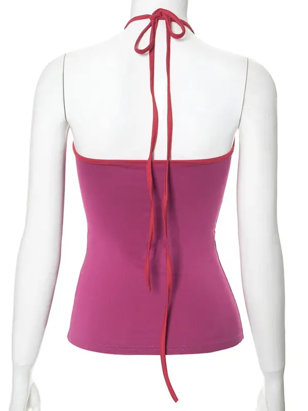 Women's Colorblock Contrast Binding Halter Neck Tank Top, Street Fashion Casual Tie Back Backless Top for Daily Outdoor Wear, Ladies Clothes for Summer, Camisole, Womenswear 5
