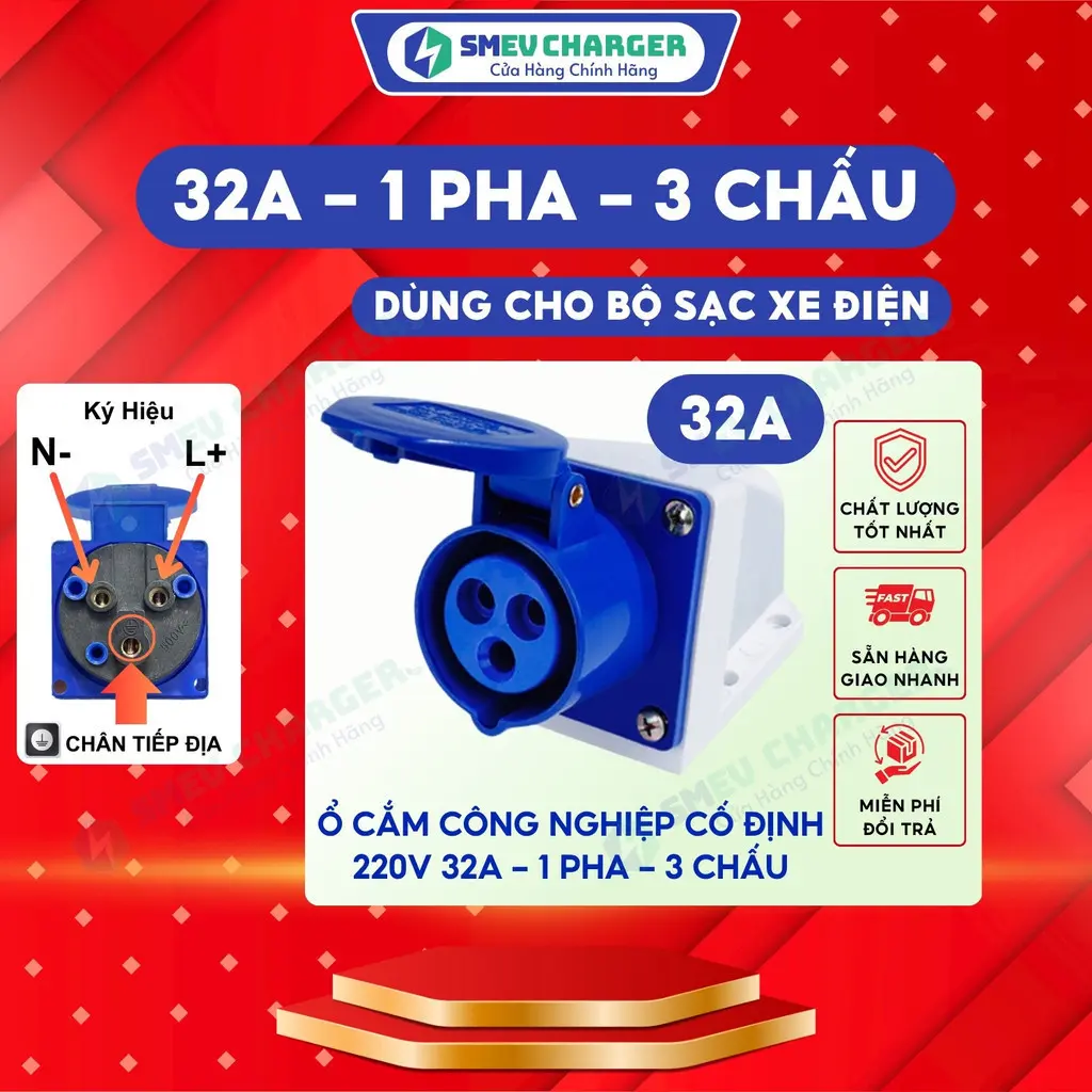Ổ cắm công nghiệp cố định SMEV ổ cắm 32A 1 pha 3 chấu cho sạc xe điện - Chính hãng