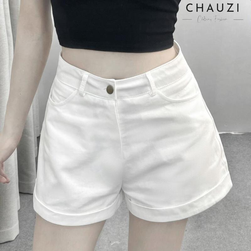 CHAUZI-Quần Short Jean Quần Đùi Cạp Cao Sắn Gấu Phong Cách Hàn Quốc Nữ Woman QD253 . Women Kem Pants