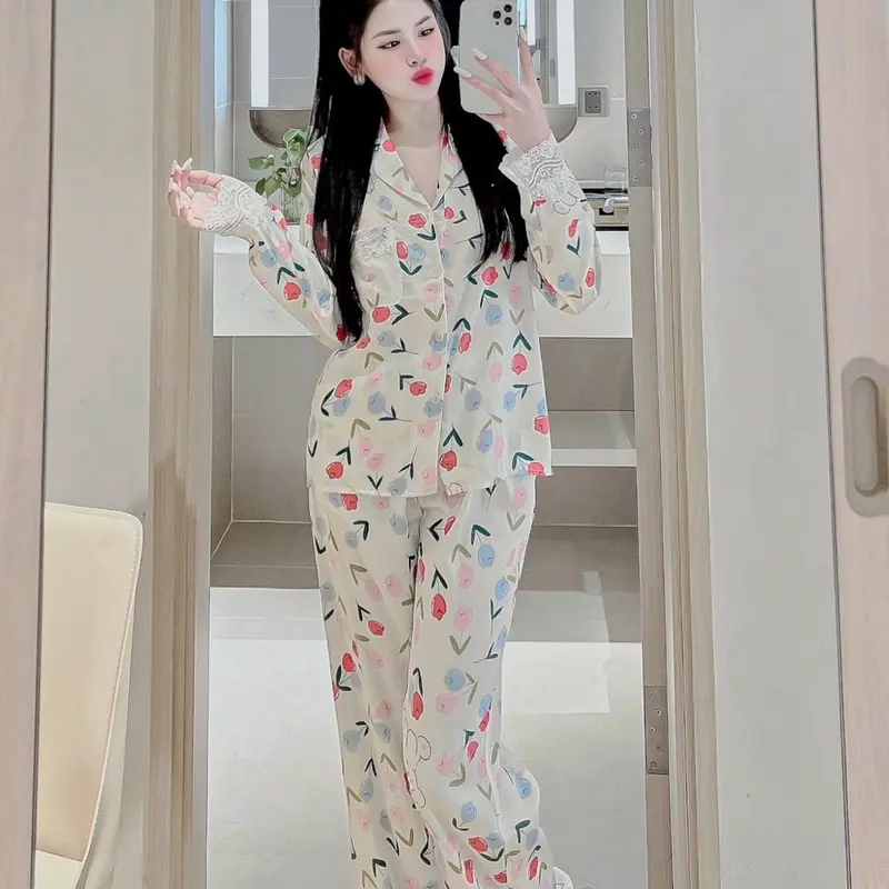 Đồ bộ pijama mặc nhà nữ  La tin phối ren Tay dài Áo Ngủ Nữ Áo Nhung 1