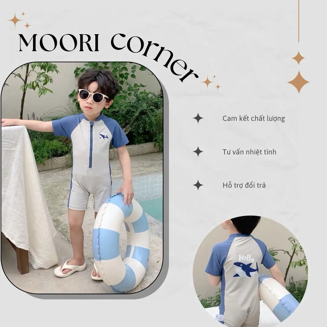 Đồ bơi bé trai một mảnh cá voi xanh | Đồ bơi trẻ em từ 1-6 tuổi | Áo bơi ngắn tay liền thân| Moori Corner
