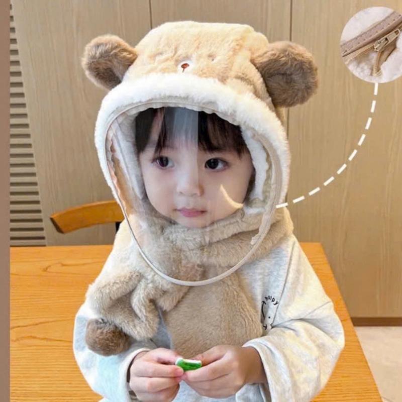 Mũ Len Trùm Đầu Tai Gấu Có Kính Chắn Gió Bụi,Chất Len Mềm Mịn Khiêm Khăn Quàng Cổ Cho Bé Từ 1-7 Tuổi