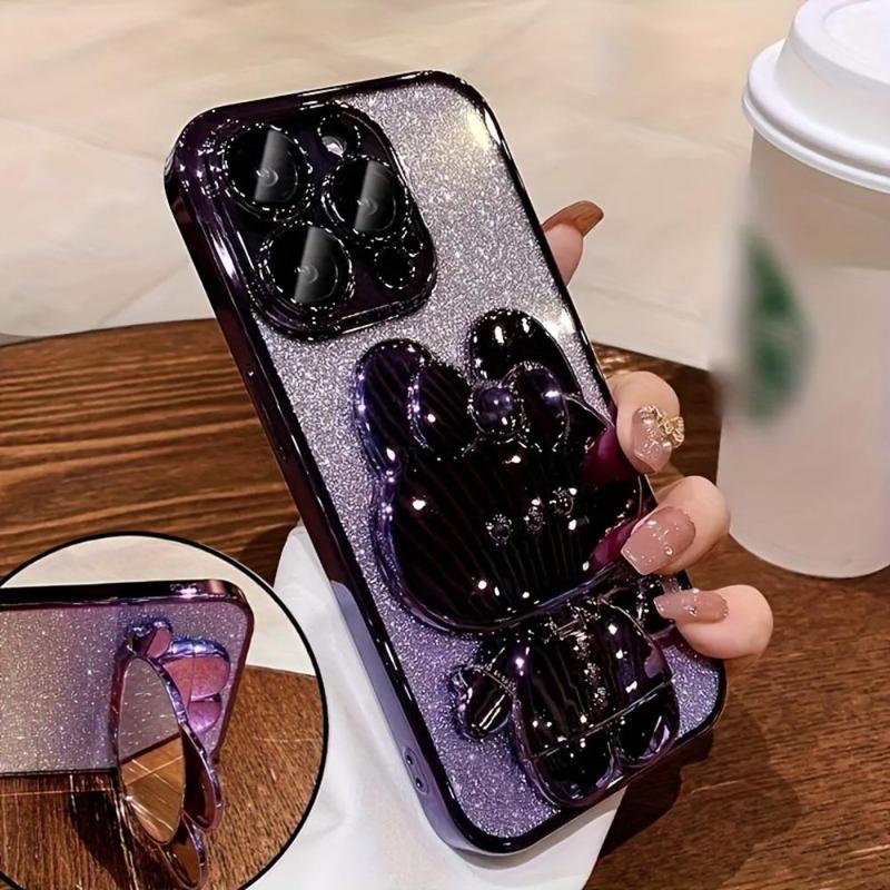 Cute Bunny Design Phone Case with Camera Lens Protector & Hidden Mirror Holder, Shockproof Phone Protective Cover, Phone Accessory Compatible with iPhone 15 14 13 12 11 Pro Max Plus 4
