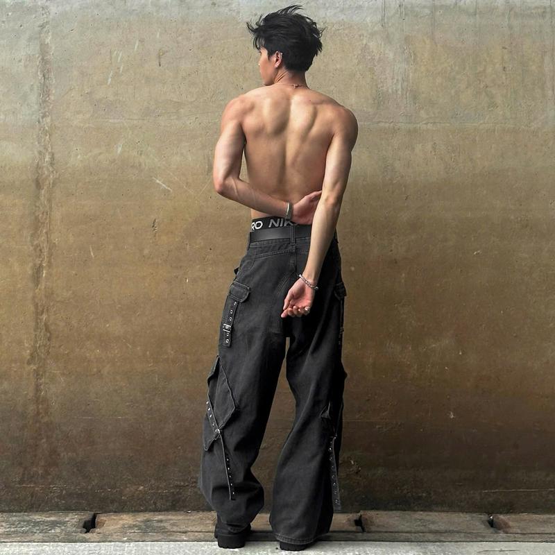 Quần jeans unisex local brand HUGU -FENCIN - chất liệu denim, form rộng, wash túi hộp, nút kim loại  Menswear Pants Có Túi quanjean nam Ong 2