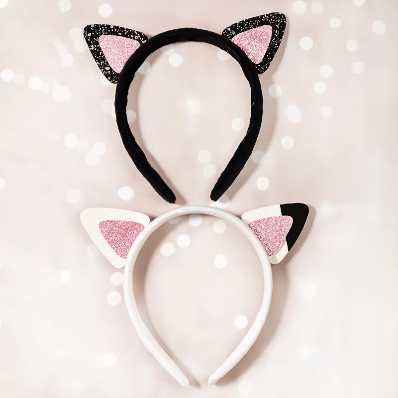 1pc Cute Cat Ear Headband with Glittery Pink Accents  Black & White Design for Parties, Christmas, New Years, Valentines Day, and Back-to-School Accessories, 1