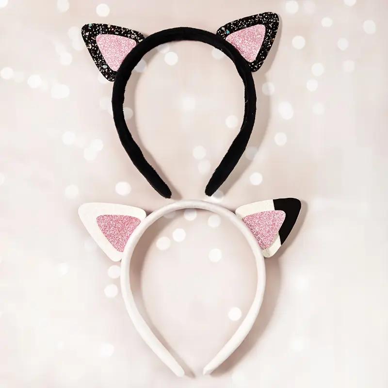 1pc Cute Cat Ear Headband with Glittery Pink Accents  Black & White Design for Parties, Christmas, New Years, Valentines Day, and Back-to-School Accessories, 1