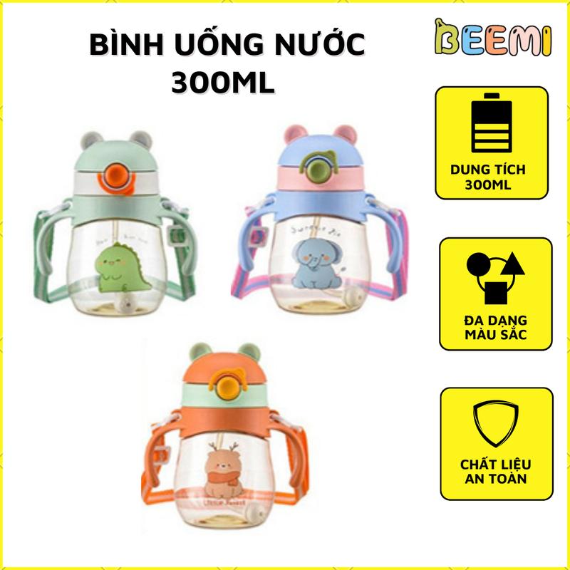 Bình uống nước cho bé dung tích 300ml có tay cầm kèm quai đeo, chống đổ, chống tràn Voi Kem 0