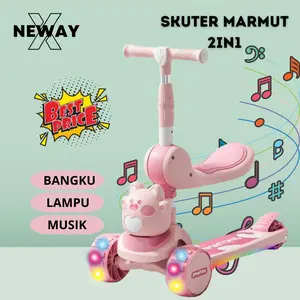 NewayX Skuter Mainan Anak Marmut Love 2 in 1 Scooter Lipat 2in1 Duduk Roda Tiga Lampu Musik Rem Toys