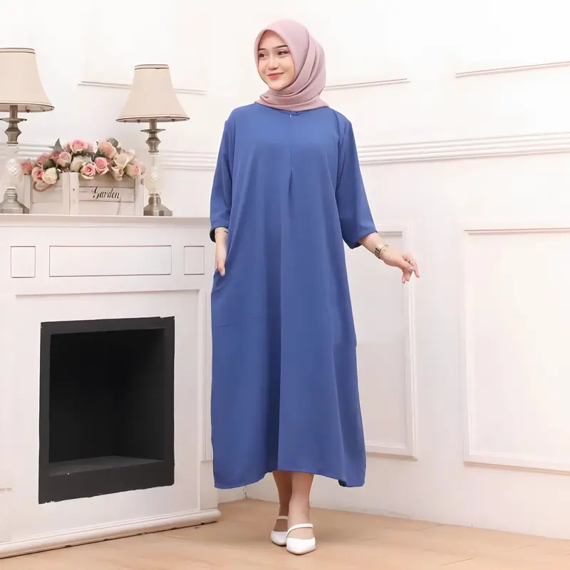 GAMIS LONG DAILY SEMI ABAYA LONG DRESS TANGAN 3/4 CRINKLE AIR FLOW Muslim Wanita Airflow Maxi Dewasa Syari Lebaran Panjang Remaja Daster Katun Basic Simple 2