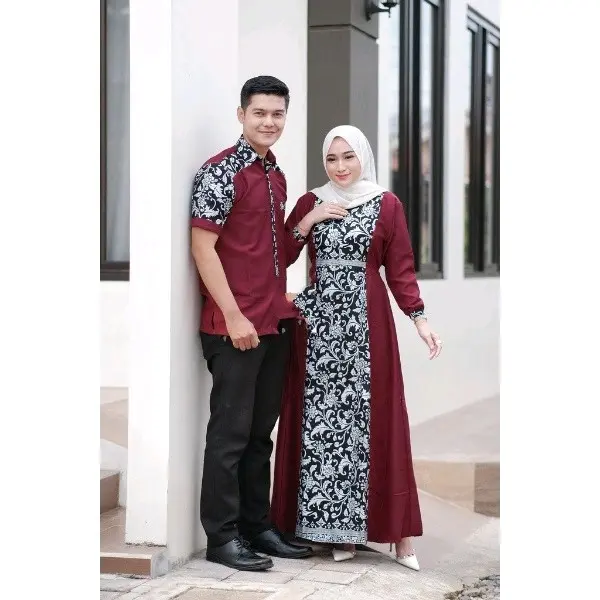 baju couple setelan remaja kondangan gamis batik pasangan suami istri terbaru 2023 Katun merah zoya muslim seragam  sarimbit  keluarga  lebaran