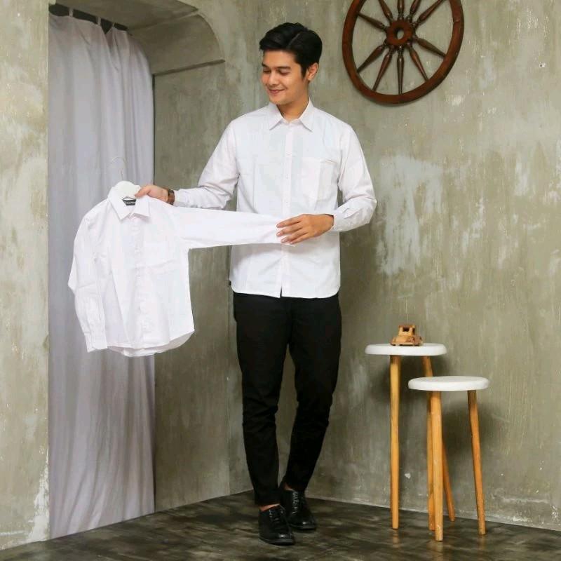 kemeja polos panjang pria V-Neck Katun Polos Hitam Putih Baju Kerah Formal Katun Kancing Simple Kerja Standar 5