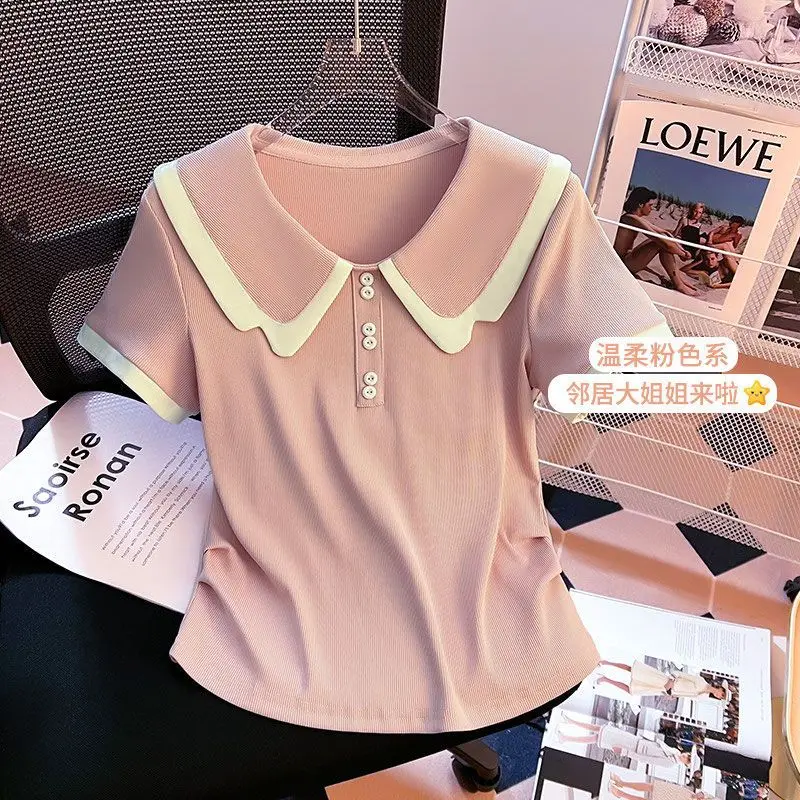 Áo Thun Ngắn Tay Cổ Búp Bê Phong Cách Preppy Cho Nữ Hàng Mới Về Mùa Hè 2024 Áo Thun Dễ Phối Đồ Trẻ Trung Ngọt Ngào 2