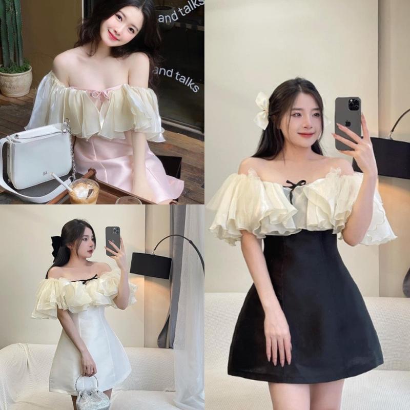 Product Introduction of Set áo croptop cổ vuông tay bổng cúp ngực kèm chân váy chữ A cúc ngọc lưng cao chất Tafta nhũ 2 lớp, áo nữ kiểu co mút, XUXU TO 2