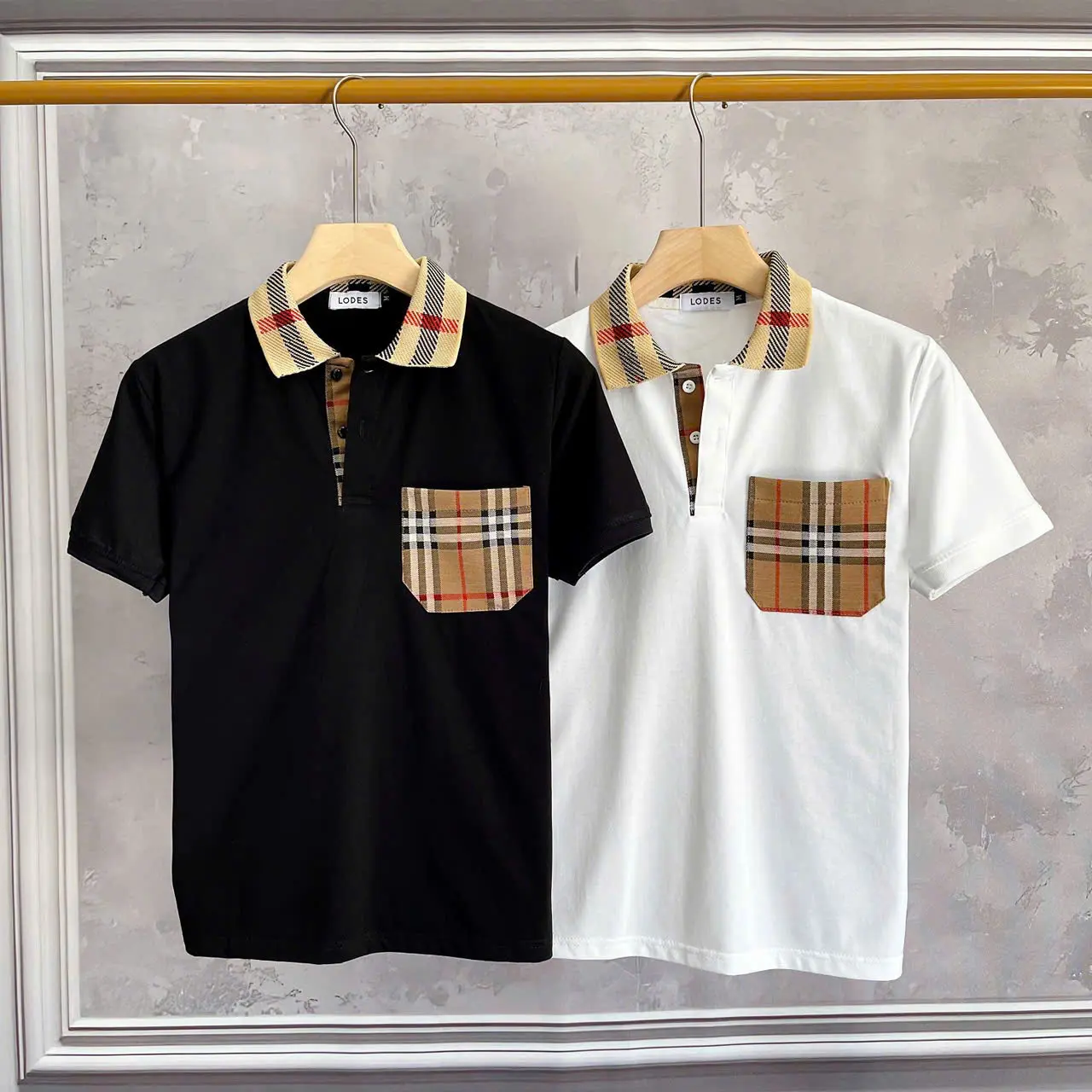 HK Áo thun nam đẹp phối cổ caro chuẩn form ngắn tay Menswear Cotton Shirt