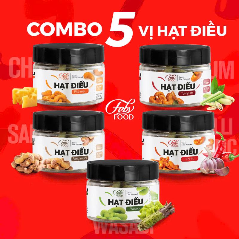 (Combo 5 hũ 150g) - Hạt điều loại 1 Bình Phước vị: Rang Muối, Phomai, Tỏi Ớt, Wasabi, Tomyum Snack Ăn Vặt Food Nuts Snack Ăn Vặt