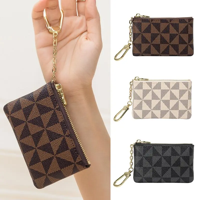 Key Storage Bag with Chain for Women's Mini Coin Wallet Luxury Designer Plaid Leather Small Zipper Wallet for Women's Keychain