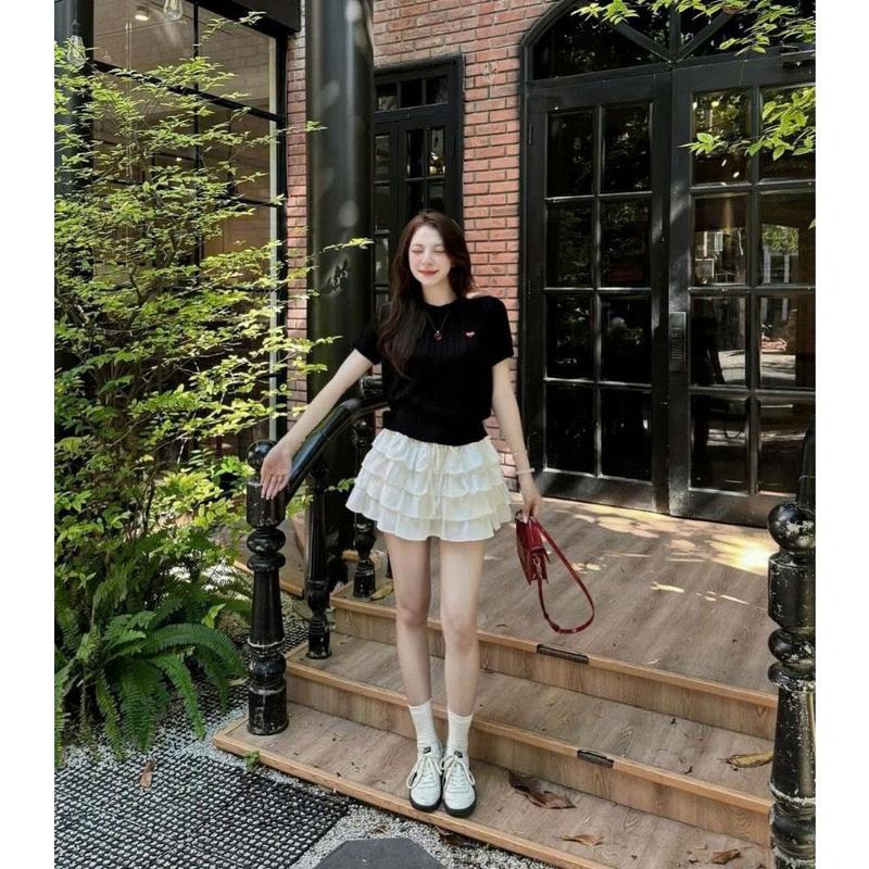 Chân Váy Ren Bèo 4 Tầng Dáng Ngắn Thắt Nơ 29feb.closet Liệu Đũi Xốp Mềm Mát Có Lót Thời Trang Hàn Quốc - CV54 Nữ Women Đen