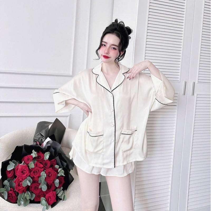 Set pjzama FORM RỘNG lụa latin áo cánh dơi tay lỡ quần đùi xoè giả váy óng rộng (Freesize 45-75kg).
