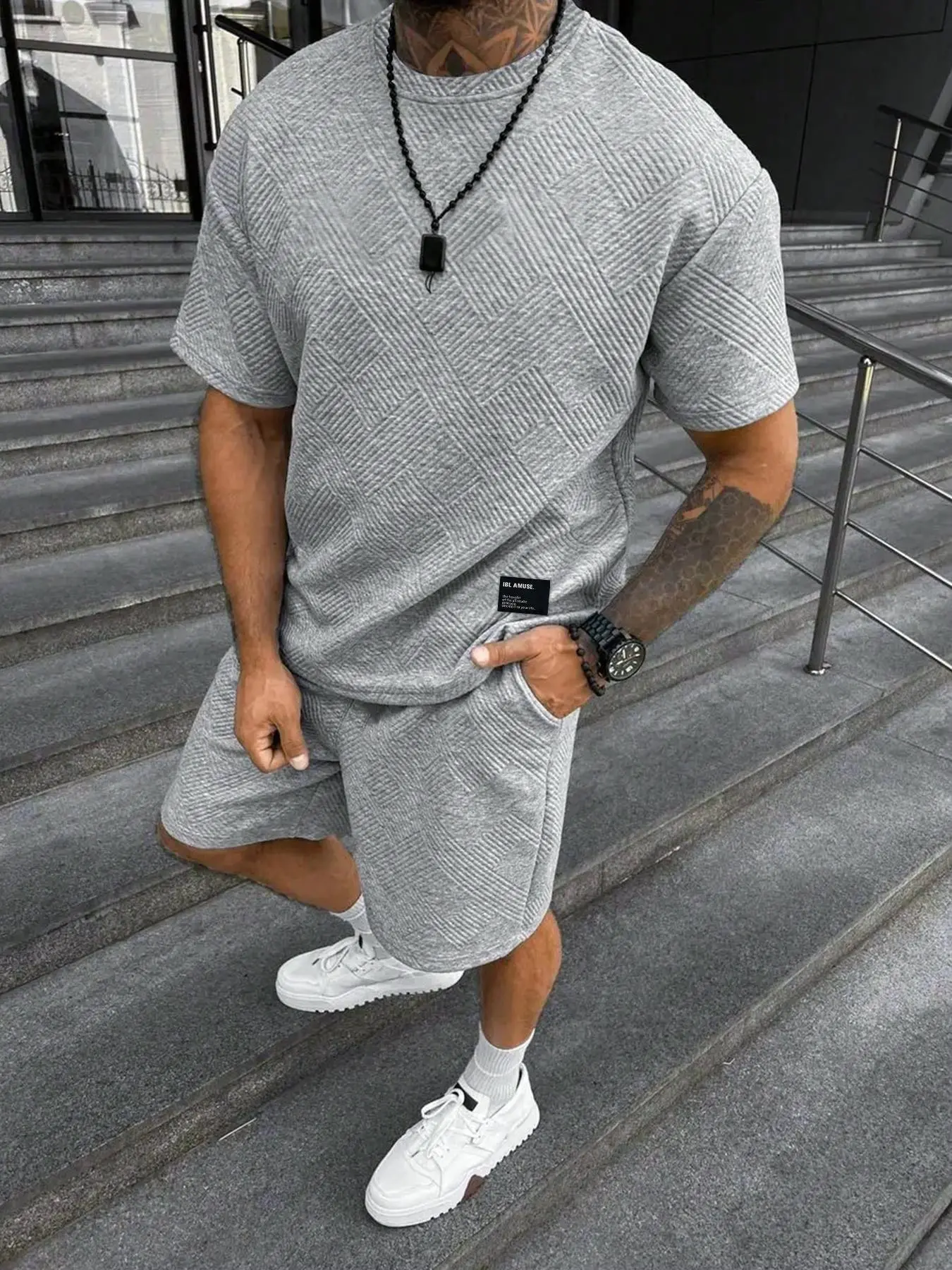 Men's Solid Color Letter Patched Jacquard Knitted Short Sleeve Tee & Drawstring Waist Shorts Set, Regular Fit Casual Comfy Round Neck T-shirt & Pocket Track Shorts, Fashion Summer Clothes Set for Men