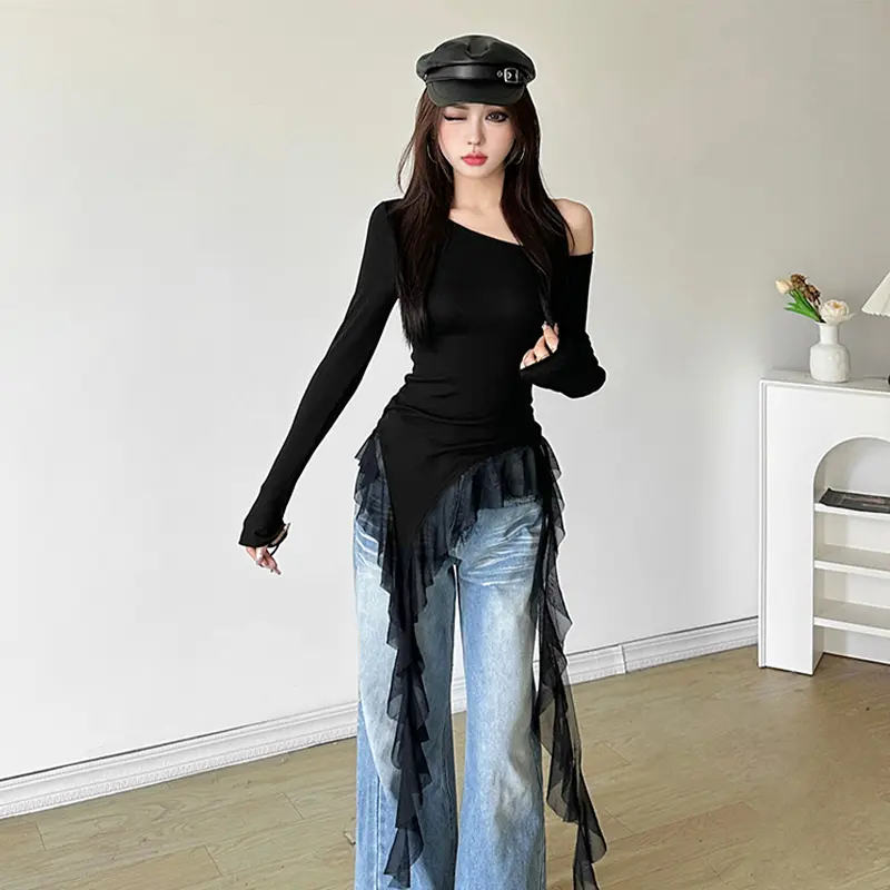 Áo Phông nữ, Áo Dài Tay Áo Một Vai, Thiết Kế Xếp Nhún Bất Đối Xứng Thích Hợp Cho Mùa Thu, Trang Phục Đi Club Nhung Women Top Sơ Mi