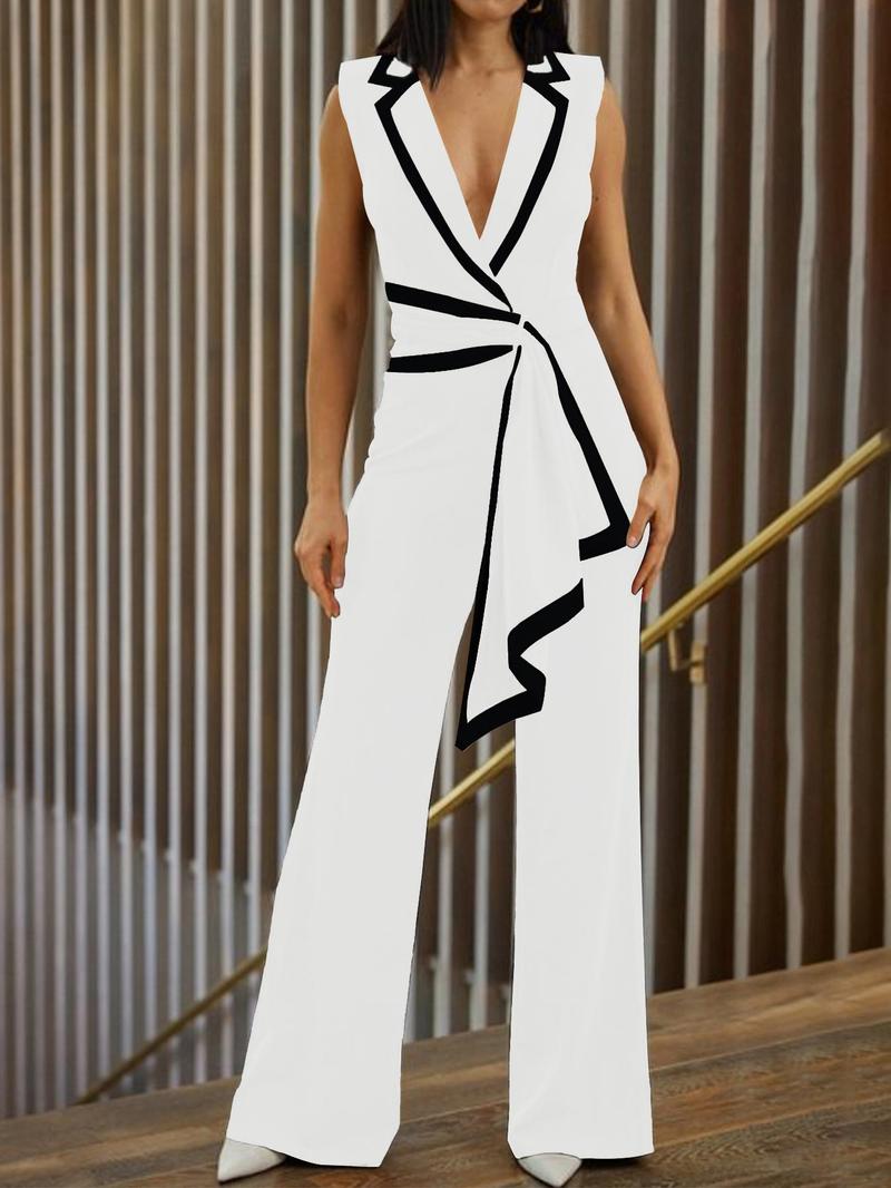 Product Introduction of Women's Contrast Binding Belted Wrap Flare Leg Jumpsuit, Summer Clothes Women, Modern Style One Piece Lapel Neck Jumpsuit for Summer, Jumpsuit for Women, Ladies Summer Clothes for Business Office, Jumpsuitwome 4