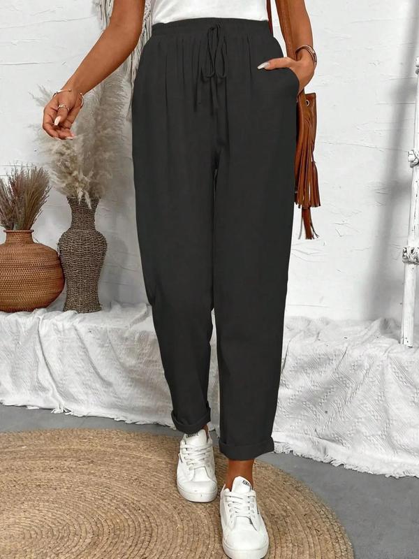 Women's Plain Pocket Drawstring Waist Straight Leg Pants, Casual Comfy Trousers for Everyday Wear, Fashion Ladies Bottoms for All Seasons, Womenswear 7