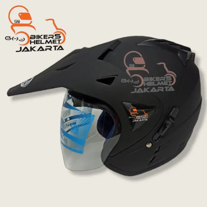 SUPERMOTO HELM SOLID BLACK DOFF DOUBLE VISOR HALF FACE SEMI CROSS