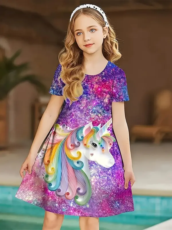 Girl's All Over Unicorn Print Short Sleeve Dress, Cute Casual Round Neck A Line Dress for Summer, Kids Clothes for Daily Wear 0