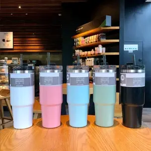 Travel Mug Stainless Steel 30oz 900ml Tumbler Vakum Flask Tahan Dingin Viral Thermos Bottle With Straw Termos Plastik Vacuum
