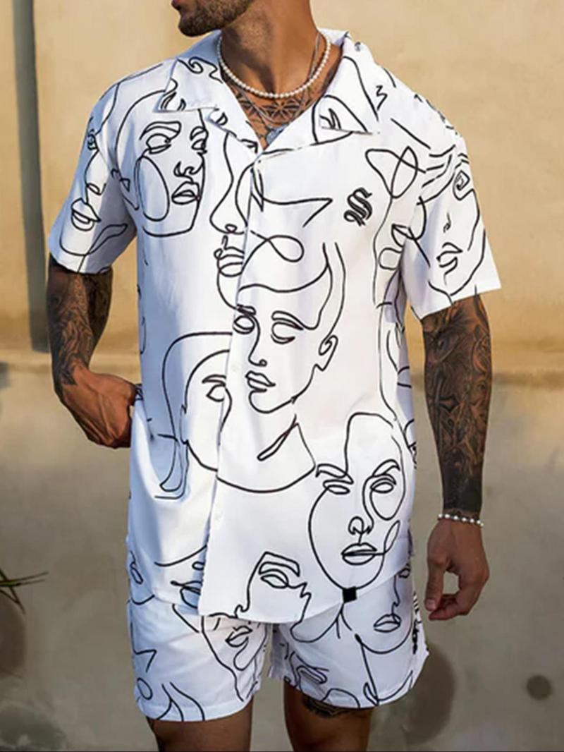 Product Introduction of Men's Colorblock Print Short Sleeve Tee & Shorts Two-Piece Set, Regular Fit Casual Round Neck T-shirt & Shorts, Men's Summer Clothes for Outdoor Wear 4