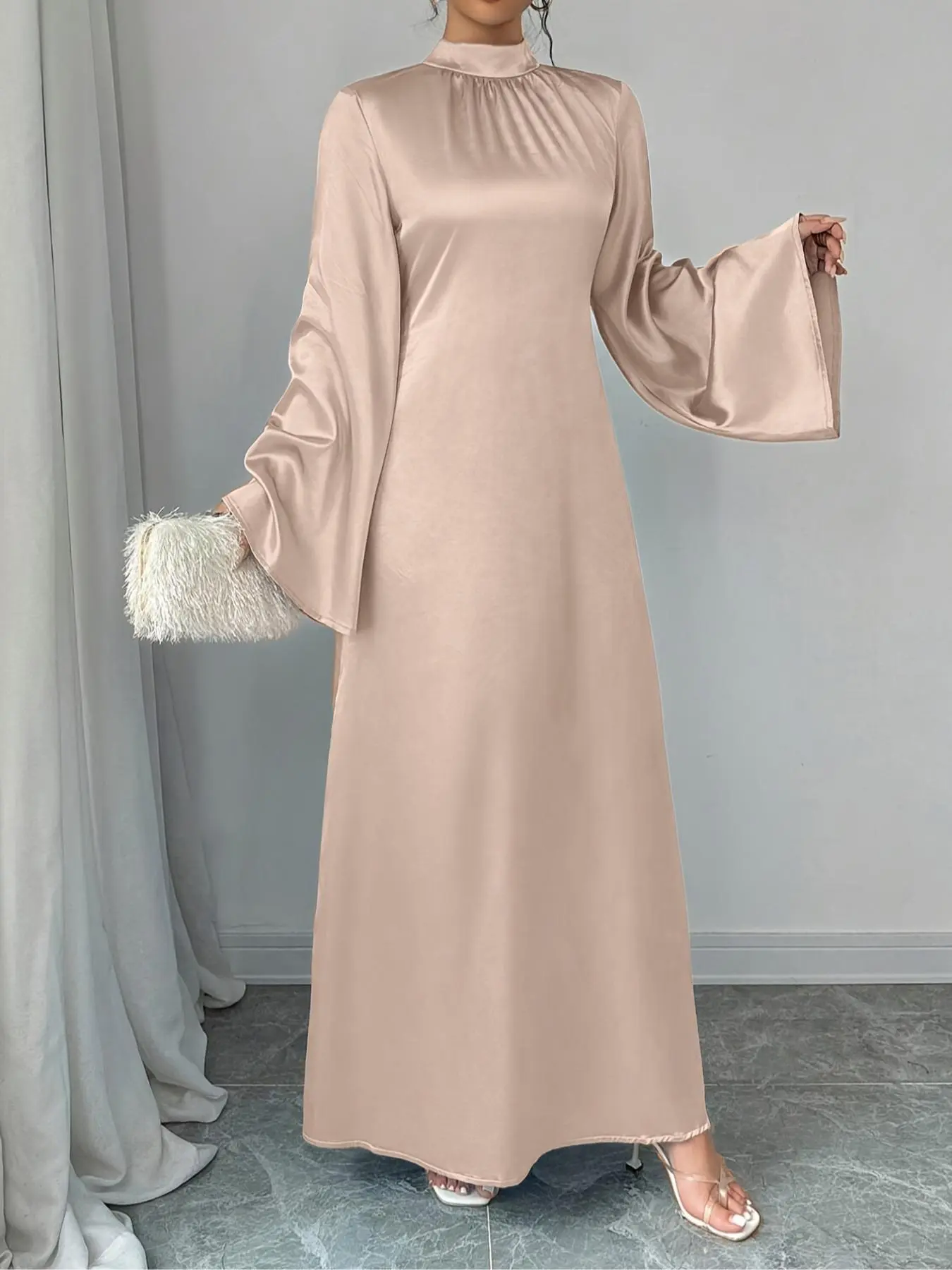 Women's Plain Flare Sleeve Dress, Elegant High Neck Long Sleeve Dress for Party Holiday Wedding Guest, Ladies Spring Clothes
