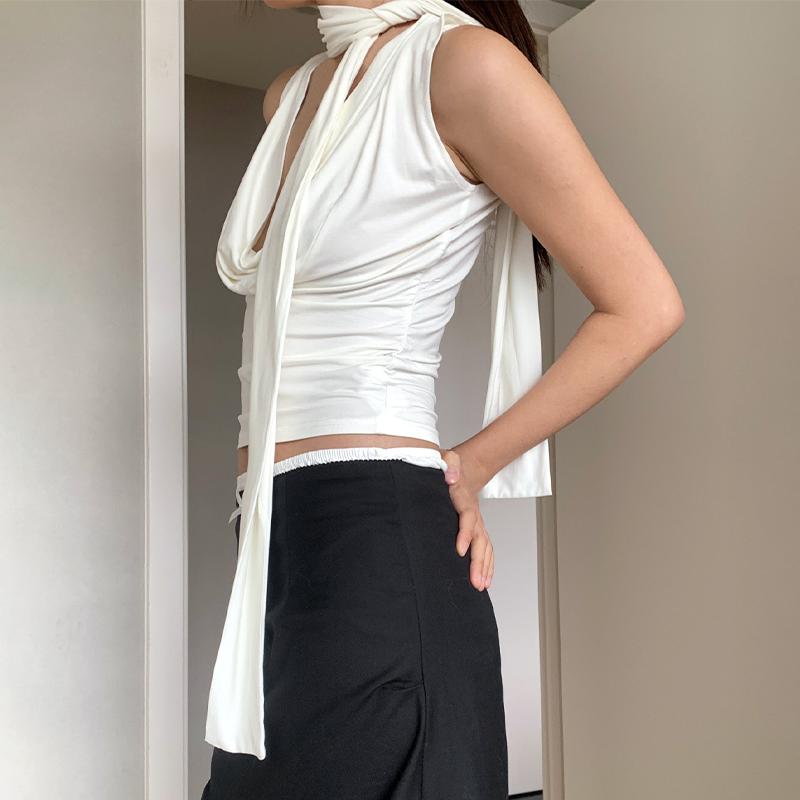 Crop Top Serut Atasan Wanita Korean Tank Top Atasan Tanpa Lengan Serbaguna Kerah Halter Leher Gantung Camisole Seksi Pas Badan Pita Tali Leher Perut Terbuka