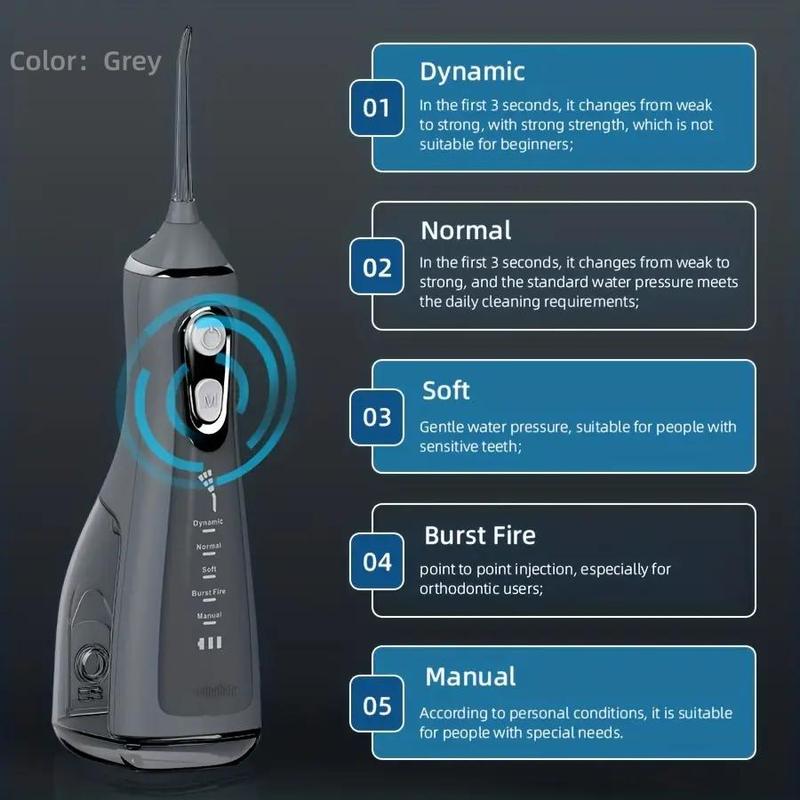 Portable 5 Mode Electric Water Flosser, 1 Set Rechargeable Cordless Oral Irrigator with 4 360 ° Rotary Professional Nozzles for Home & Travel, Stocking Fillers Gift 3