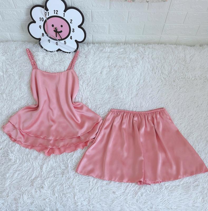 Freesize 60Kg - 90Kg Bộ Đồ Ngủ Nữ Vải Lụa Satin 2 Dây Thắt Bính Không Mút, Áo 2 Lớp Quần Đùi Dằn Đáy Quần Áo Ngủ