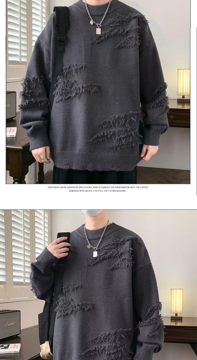 Product Introduction of Unique Round Neck Sweater Autumn Winter Trendy Brand Cool Loose Knitwear Men Japanese Retro Lazy Sweater Jacket Closed 23