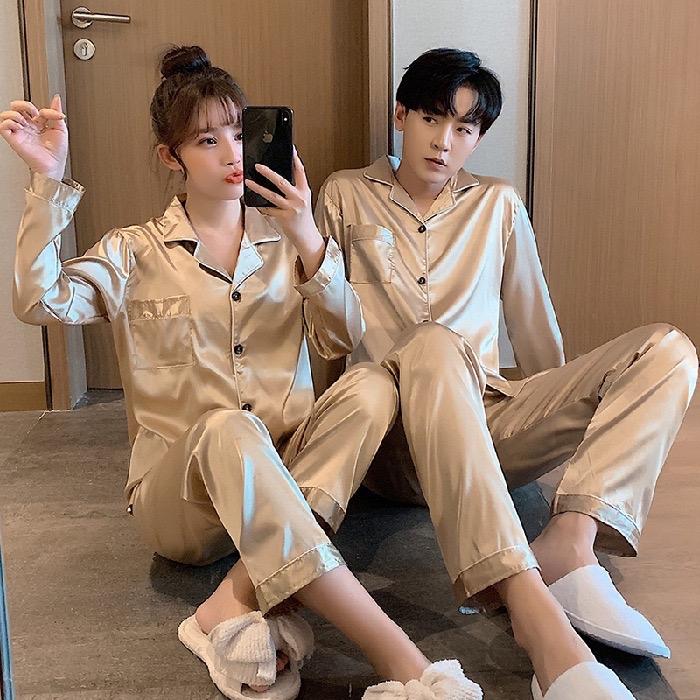 Bộ ngủ Lụa   Pijama dài tay quần dài   dành cho cả nam cả nữ chất lụa cao cấp