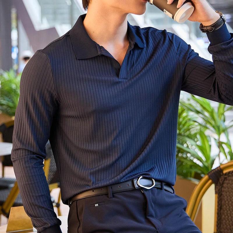 Áo Polo Dệt Kim Dài Tay Màu Xanh Navy, Dành Cho Nam Giới, San Paulo, Đồ Len Cổ Bẻ Có Cúc Cao Cấp Sang Trọng, Áo Phông Sọc Mùa Thu Thường Ngày Shirt Menswear Cotton Ngắn Tay Có Cổ Thun Jean