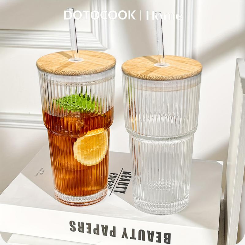 Product Introduction of Clear Glass Tumbler, 2 Counts Vintage Glass Cup with Bamboo Lid & Straw, Drinking Cup for Water, Iced Coffee, Juice, Milk Tea 6