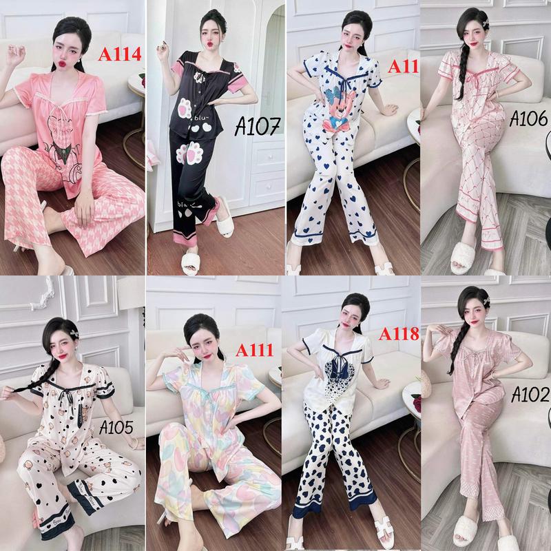 40-70kg Bộ đồ Pijama Chất Lụa Xước Hàn Quốc Thoáng Mát Tay Ngắn Quần Dài Nữ Women