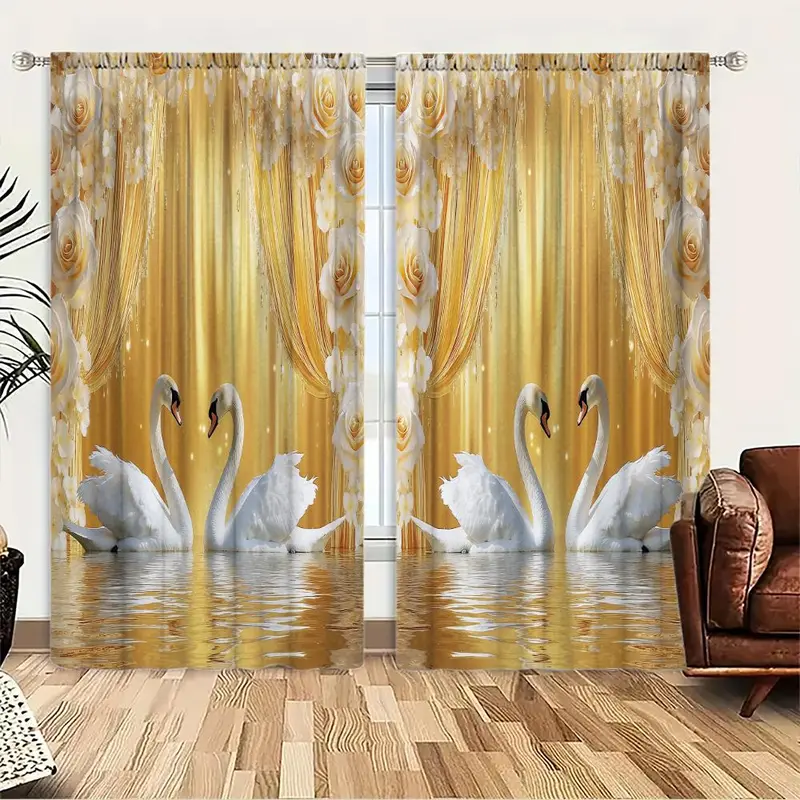 Swan Pattern Door Curtain, 1 Set Exquisite Printing Door Curtain with Tie Rope, Home Decor for Living Room Bedroom Hotel Bathroom 5