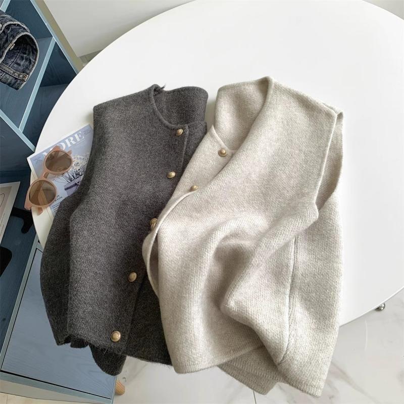 Áo Vest Dệt Kim, Phong Cách Nhẹ Nhàng, Một Hàng, Cỡ Nhỏ, Nút Vàng, Cổ Tròn, Áo Ba Lỗ Không Tay Phong Cách Hàn Quốc, Dành Cho Nữ, Có Thể Mặc Ngoài Trời 6