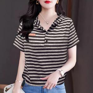 Summer New Short Sleeve Hooded T-shirt Women Casual Stripe Top Trendy
