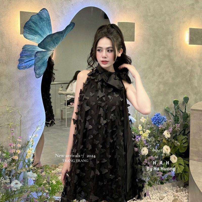 Đầm nữ cổ yếm cột nơ von tơ lụa 2 lớp ren bầu mặt ăn cưới tiểu thư Women Voi Kem Sen Nhung Màu Đen vaytet